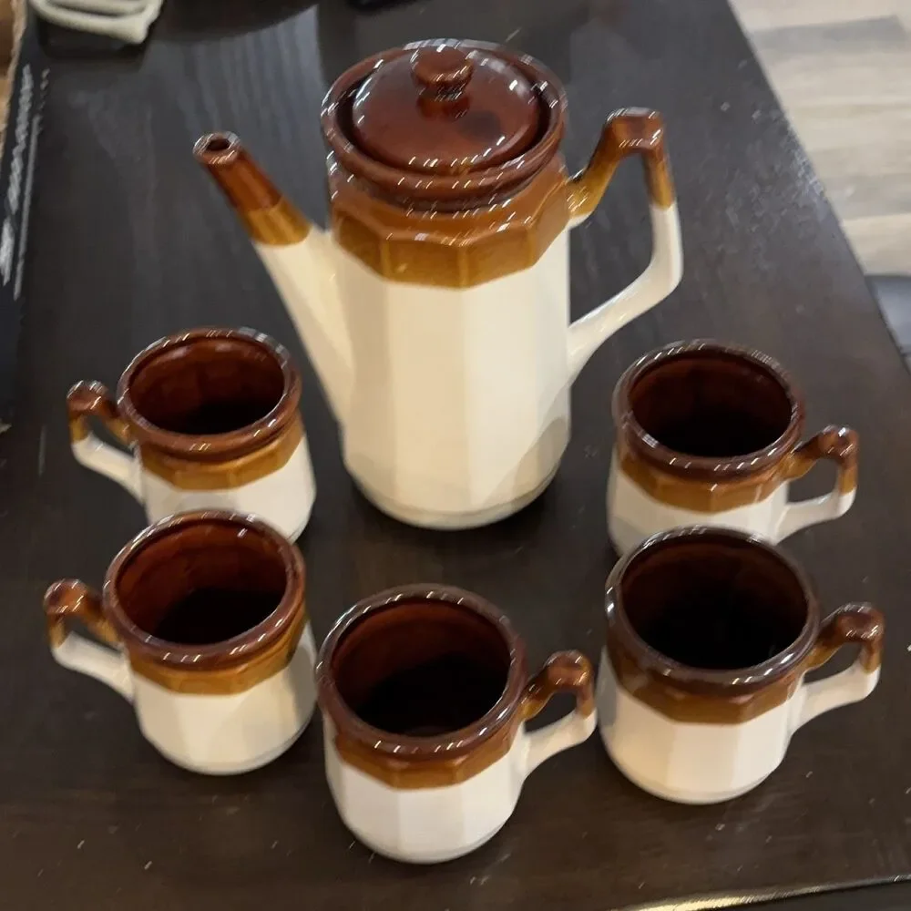 Coffee Pot and 5 Mugs Set Ceramic Octagonal Two-Tone Brown Cream Taiwan 9